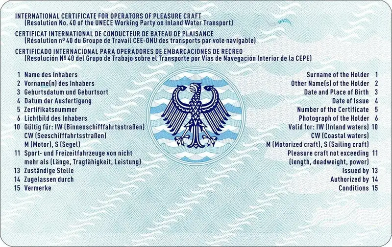 Modelo oficial del reverso del permiso de navegación alemán