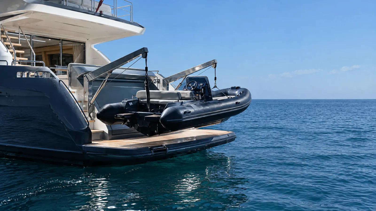 Auxiliar en los pescantes de popa de un yate a motor de noche