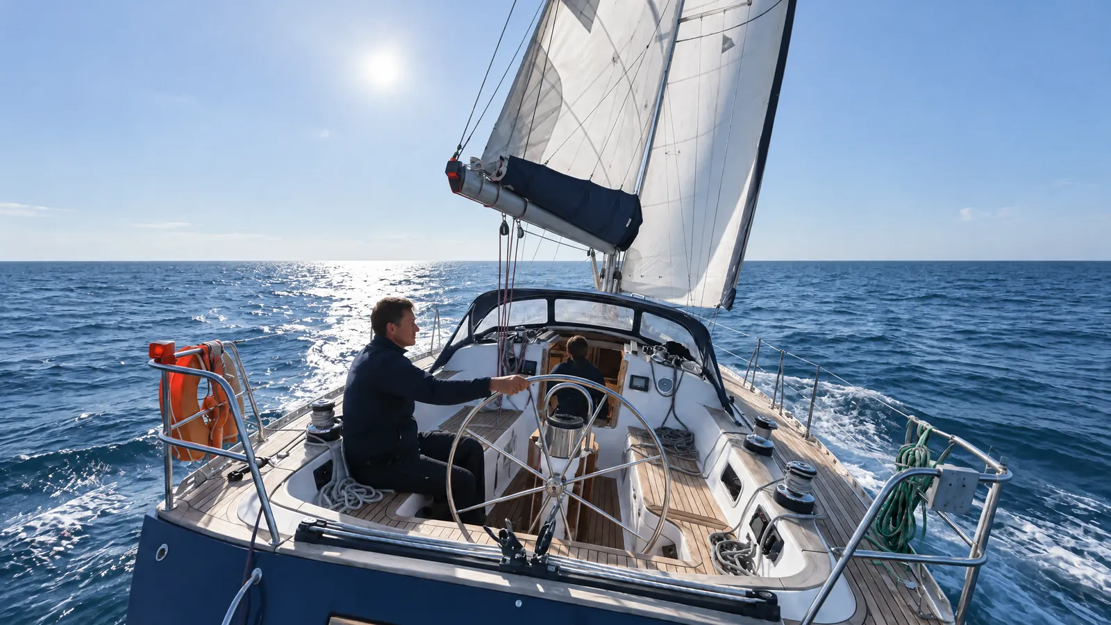 Velero en alta mar de noche bajo la luna, con las luces de navegación encendidas