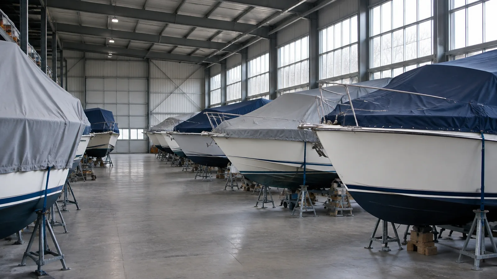 Lanchas con fundas en una nave de invernaje