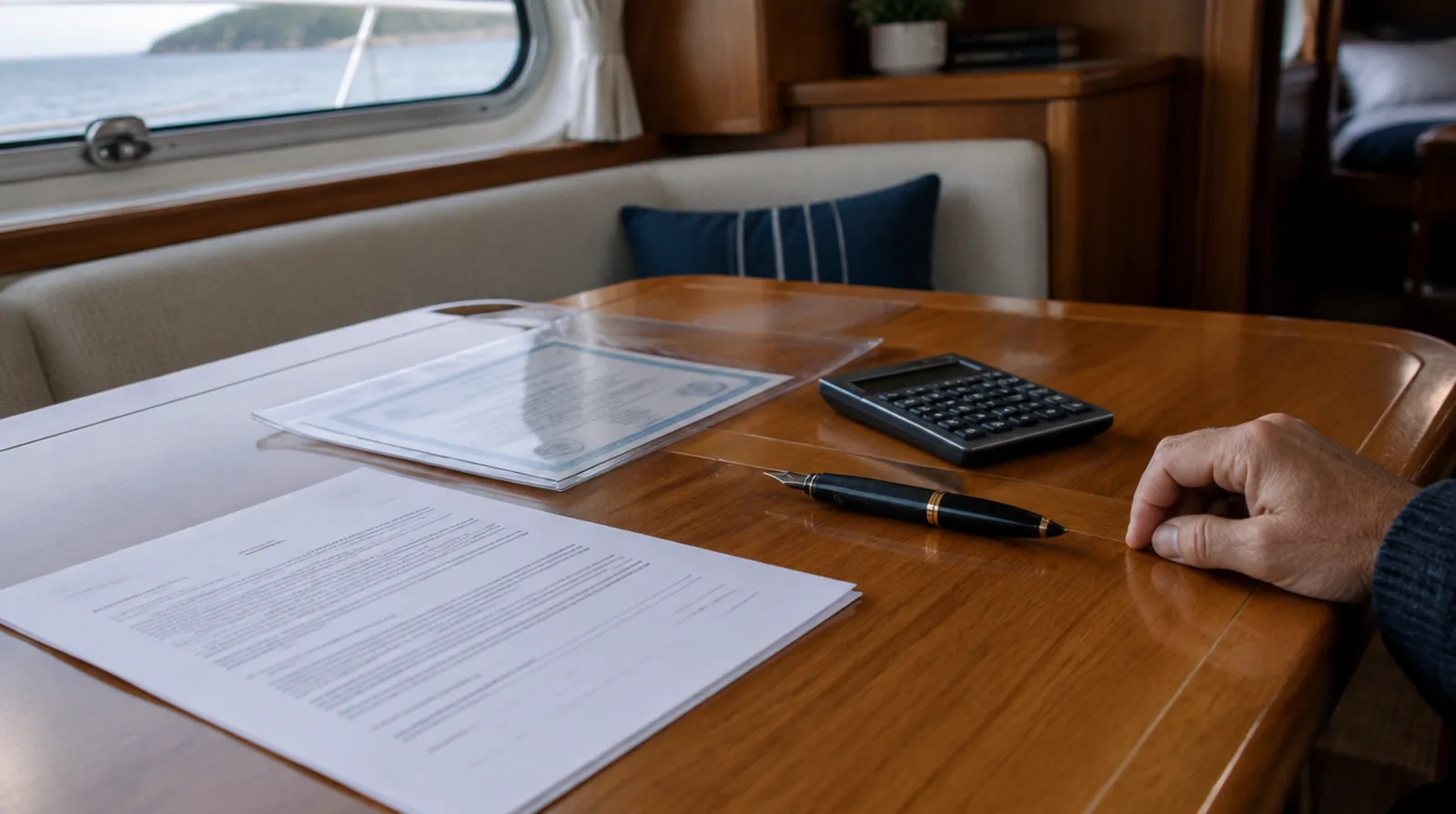 Contrato de compraventa, documentación del barco, calculadora y pluma sobre la mesa de cartas de un camarote