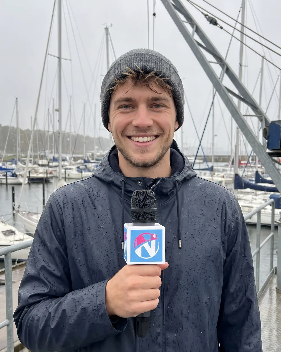 Theo, anfitrión de Bordfunk, con gorro, chubasquero y micrófono en un puerto deportivo con veleros y una grúa