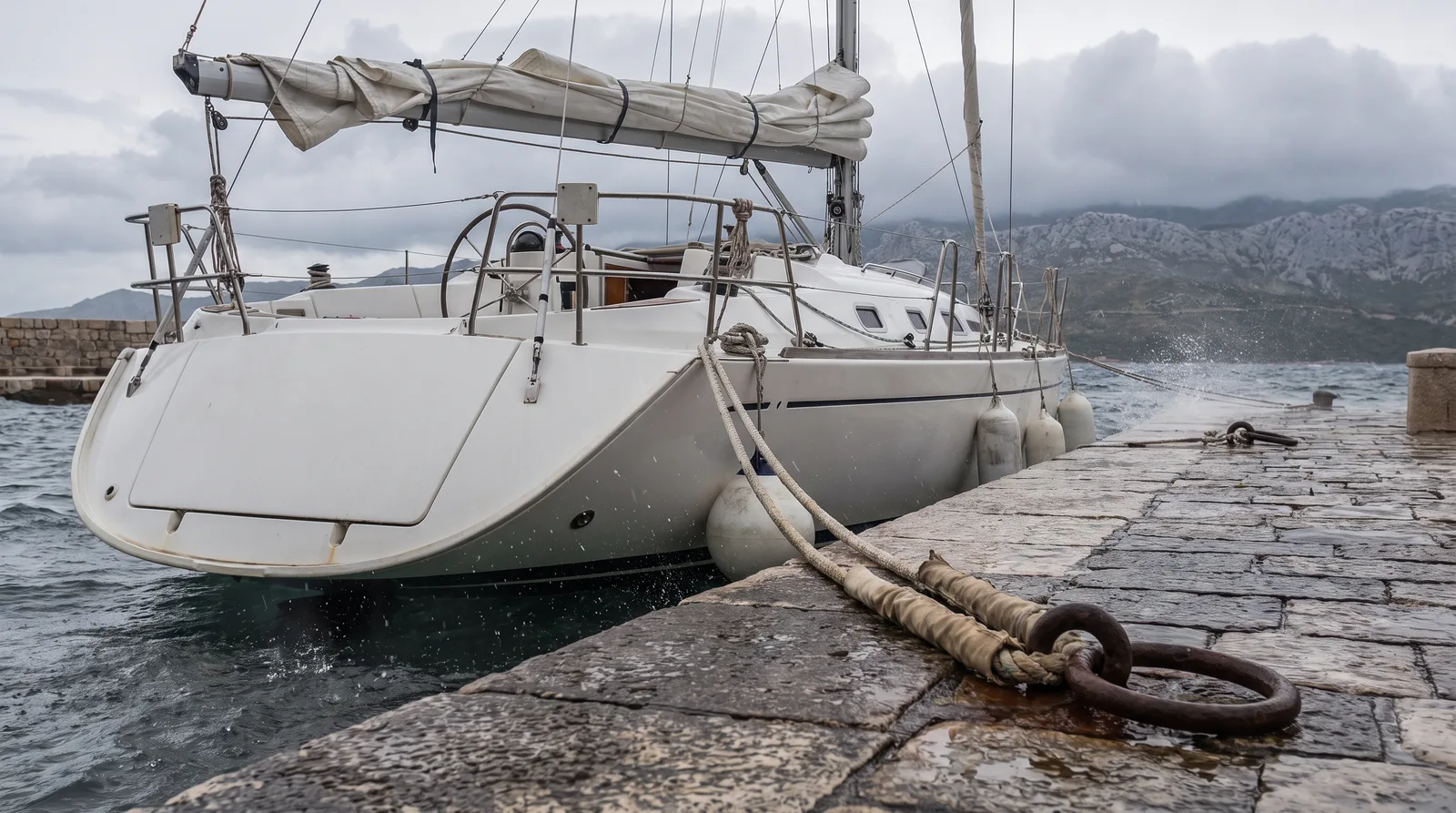Popa de un velero blanco abarloado a un muelle de piedra mojado, dos cabos gruesos con protección contra el roce hechos firmes a una argolla de hierro, defensas entre el casco y el muelle, la mayor trincada a la botavara y, detrás, mar picada, rociones y montes calizos bajo nubes bajas.