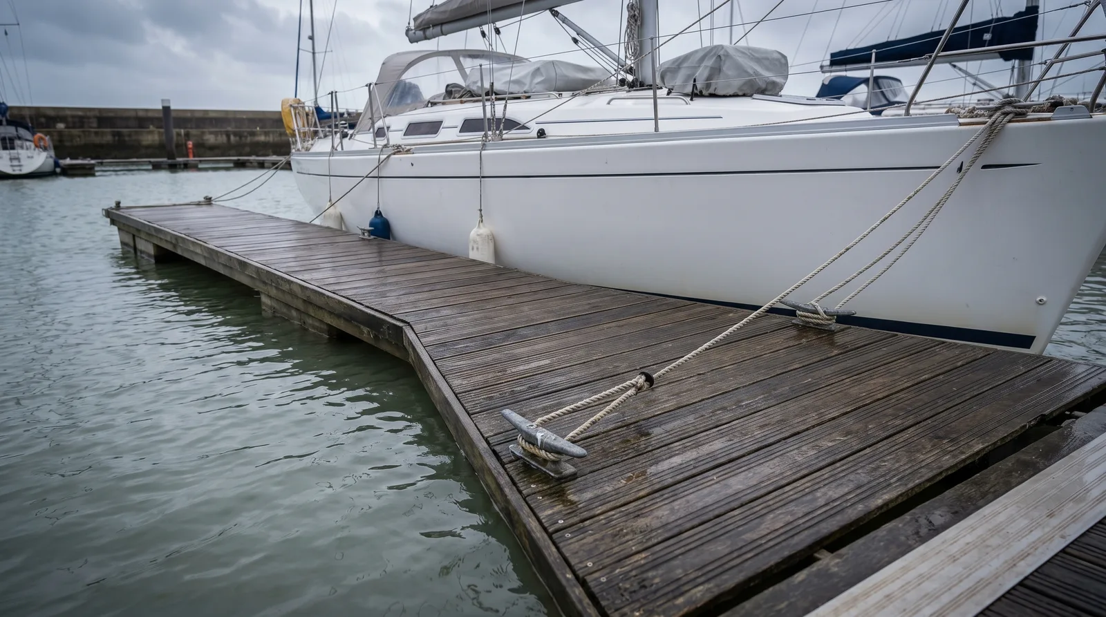 Un velero blanco bien cuidado amarrado a un pantalán de madera mojada bajo un cielo cubierto, con la estacha tensa sobre la cornamusa.
