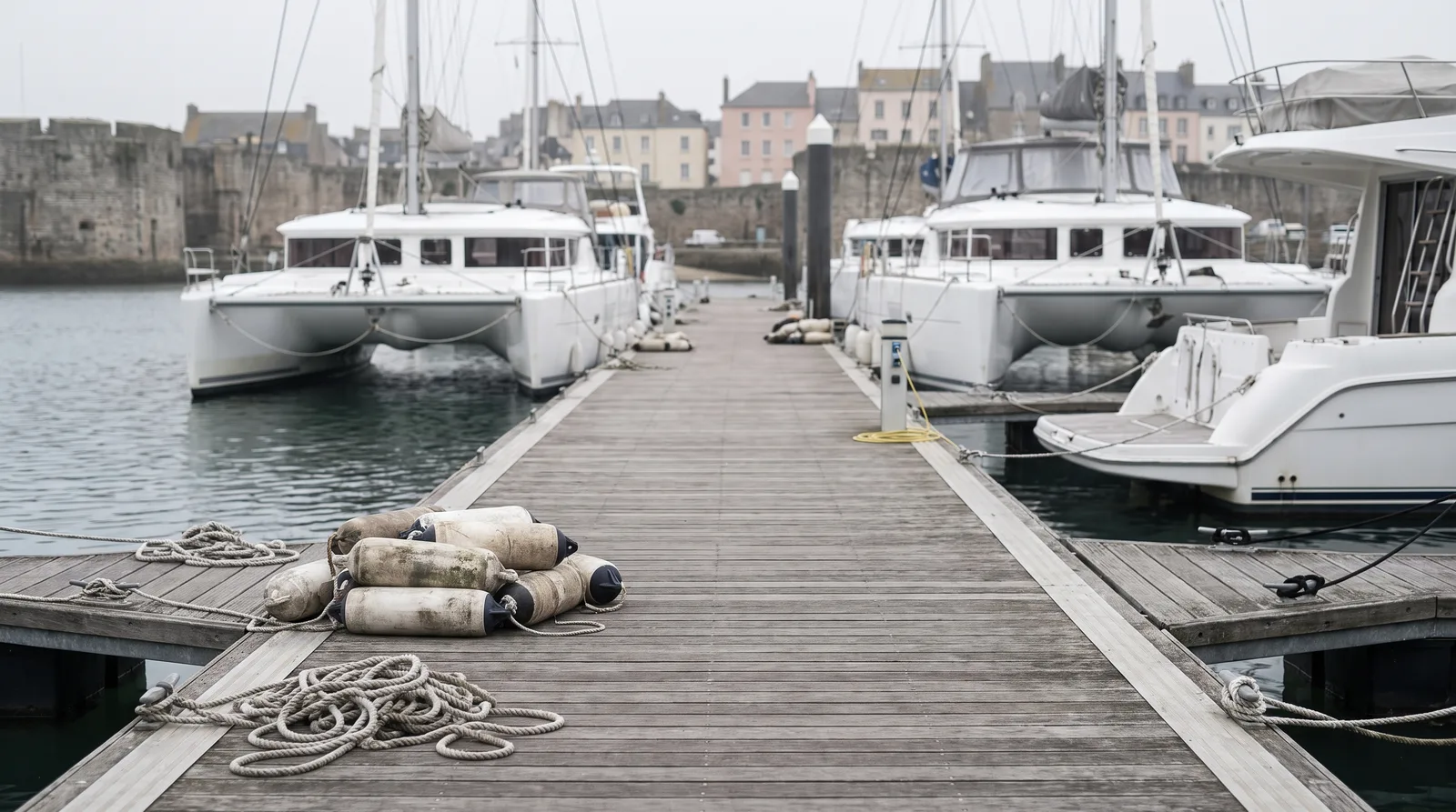 Pantalán de madera vacío en un puerto antiguo por la mañana, con catamaranes de vela blancos y una lancha amarrados a ambos lados y defensas apiladas y cabos adujados en primer plano.