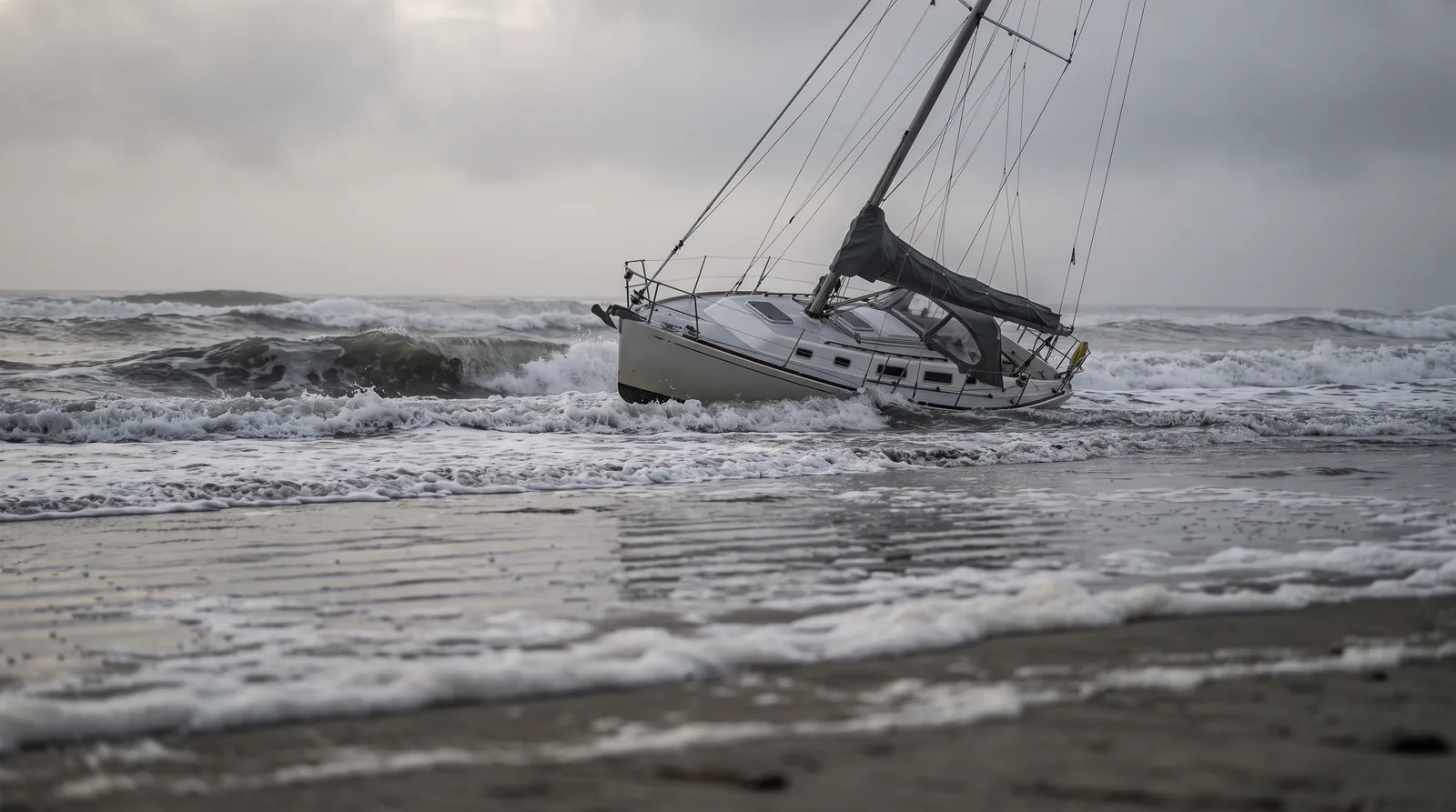 Velero escorado sobre un banco de arena entre las olas, espuma sobre la cubierta y playa mojada en primer plano