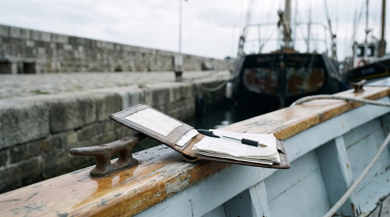 Una carpeta con los papeles del barco sobre la regala de un velero, con el muelle al fondo