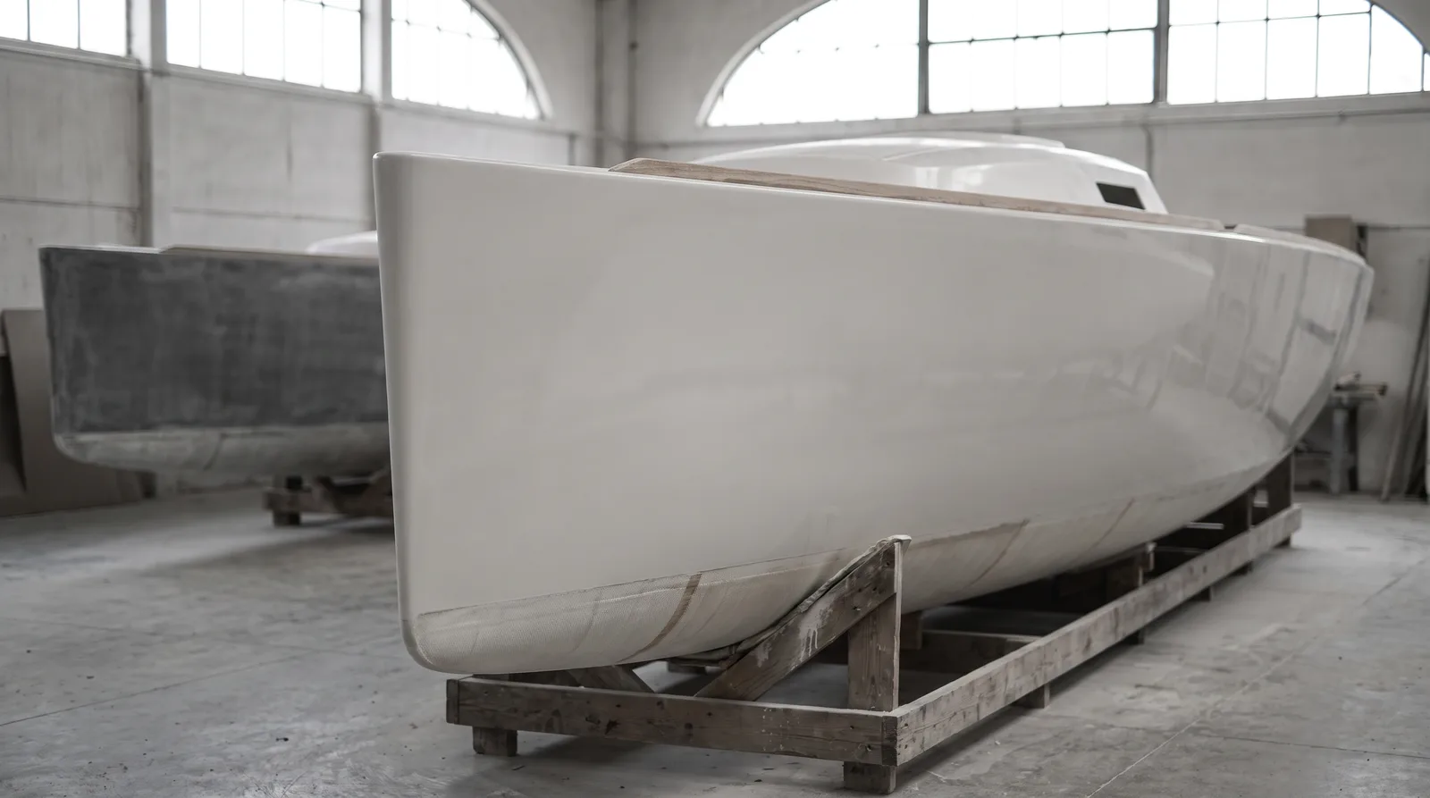 El casco blanco y liso de un velero nuevo sobre una cuna de madera en una nave de astillero luminosa con ventanales en arco, y detrás, desenfocado, otro casco aún gris