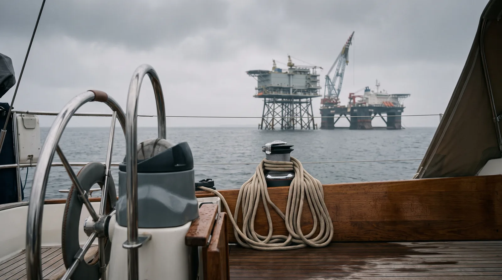 Vista desde la bañera de un velero sobre el Báltico gris: en primer plano una rueda de timón de acero inoxidable y un winche con un cabo adujado sobre teca, al fondo una plataforma marina sobre estructura de acero y un gran buque grúa.