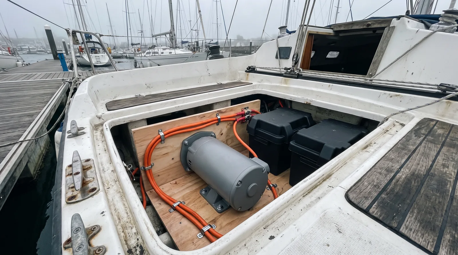 Vista del compartimento del motor abierto de un velero veterano en un pantalán: un motor eléctrico gris compacto, cables naranjas y dos cajas de baterías negras sobre madera nueva.