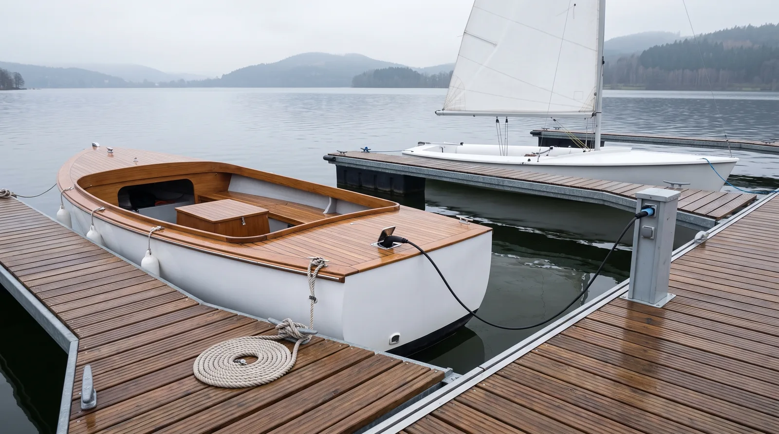 Lancha eléctrica abierta de casco blanco y cubierta de madera barnizada amarrada a un pantalán flotante, con un cable negro de carga desde un poste gris hasta una toma en cubierta, y detrás un pequeño velero blanco con la vela izada en un lago con colinas boscosas entre la bruma