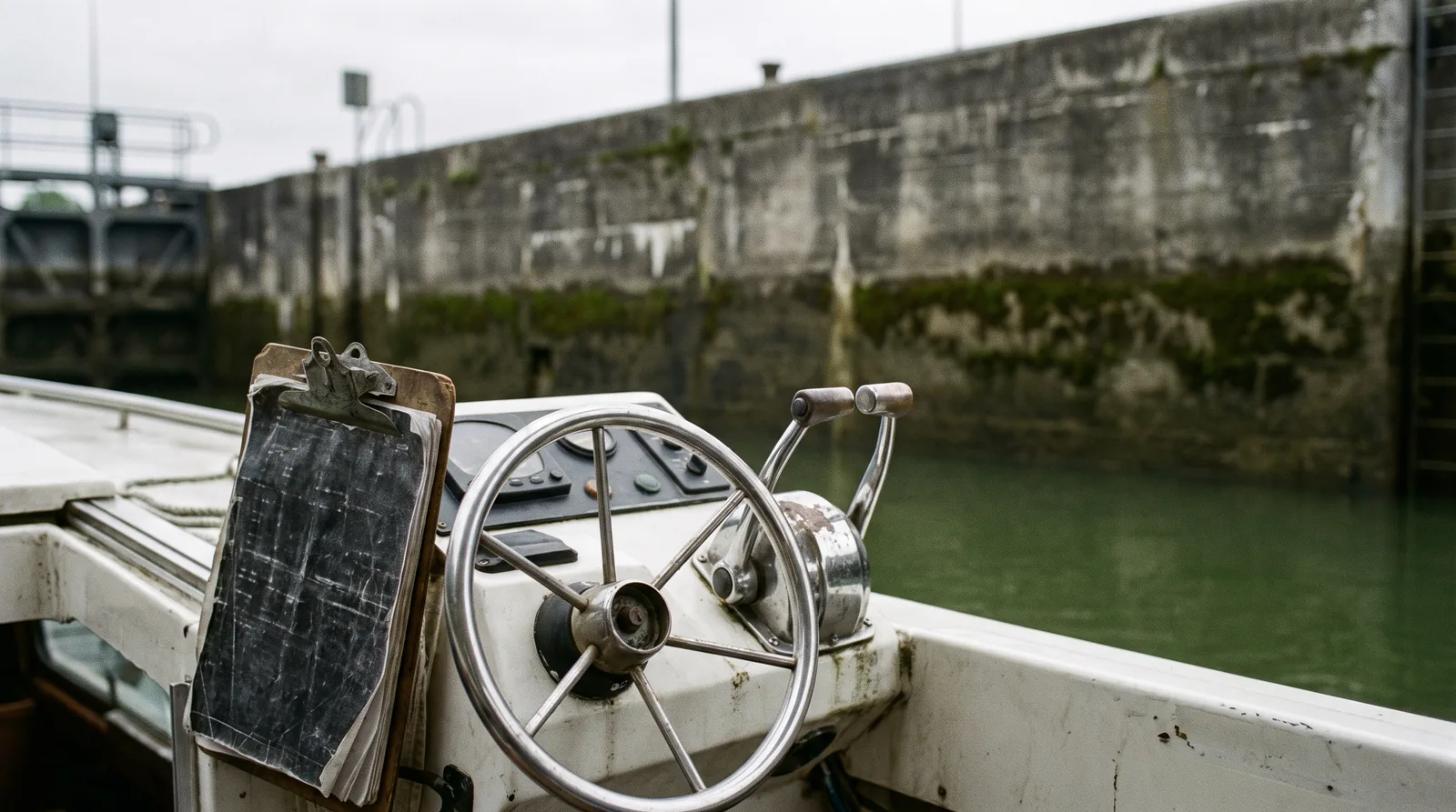 El puesto de gobierno de un pequeño barco de pasaje ante el muro de una esclusa