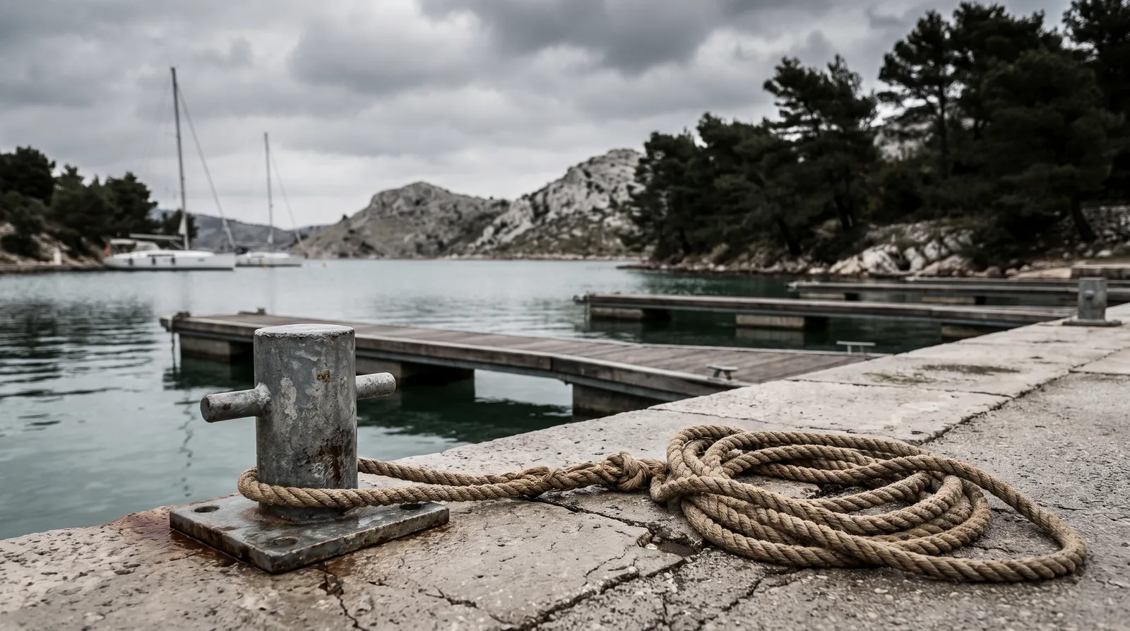 Un noray galvanizado con un cabo de amarre adujado sobre un muelle de hormigón, pantalanes de madera vacíos y, al fondo y desenfocados, dos veleros en una cala con pinos y colinas calizas