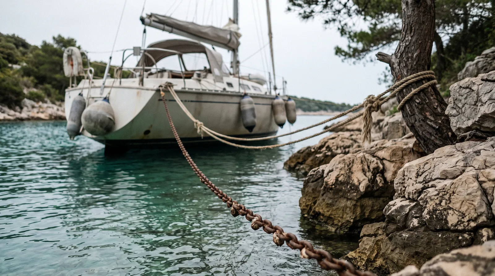 Un velero amarrado de popa en una cala rocosa del Adriático, con dos cabos a tierra atados a un pino y a las rocas y una cadena tendida sobre el agua clara en primer plano