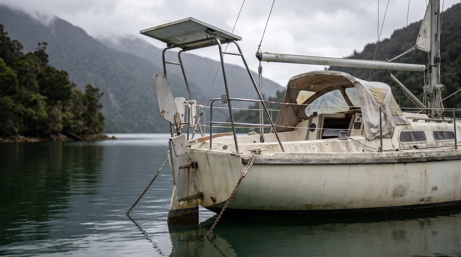 Un velero de altura desgastado, con timón de viento y arco con panel solar en la popa, fondeado en una bahía tranquila entre laderas empinadas de bosque denso y nubes bajas.