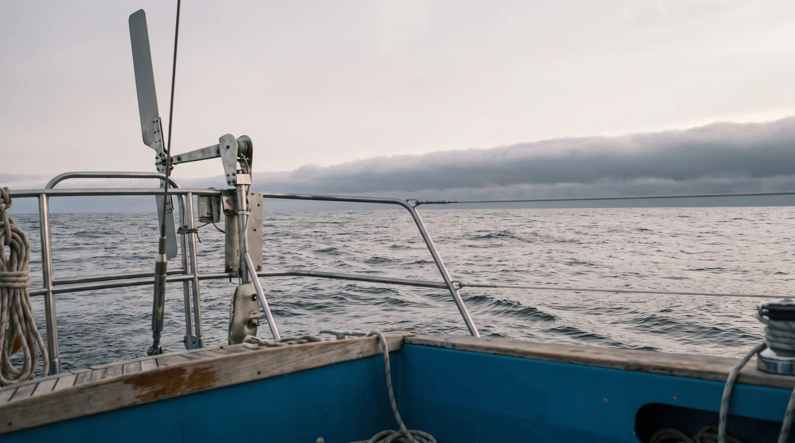 Popa de un velero de crucero en alta mar con timón de viento de acero inoxidable, casco azul y regala de teca; al fondo, sobre la marejada gris, avanza una larga franja oscura de nubes de un frente.