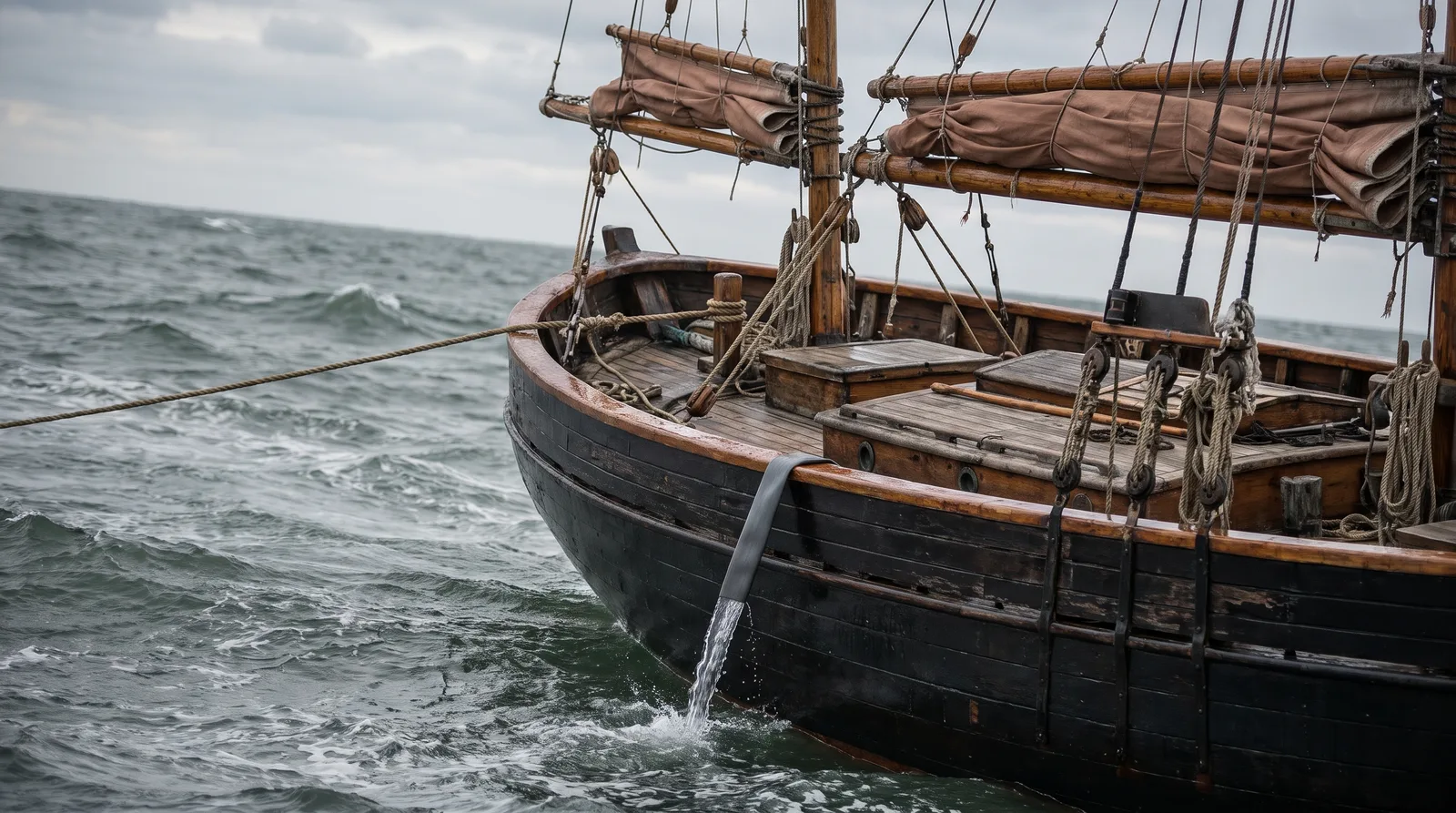 Viejo cúter de madera de casco negro en un mar gris, cabo de remolque en proa y una manguera achicando agua por la borda