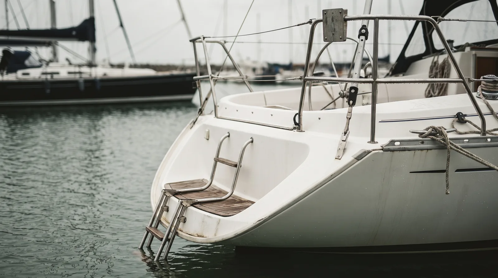Popa de un velero amarrado en puerto, con la escalera de baño de acero inoxidable desplegada hasta el agua, el púlpito de popa y los guardamancebos encima y otros barcos desenfocados al fondo