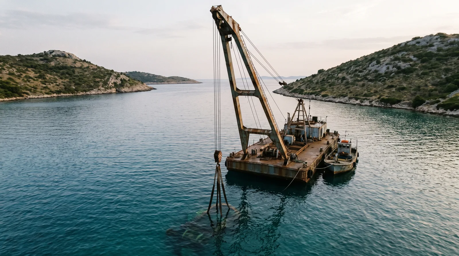 Pontona con grúa de salvamento en un estrecho del Adriático, el cable baja recto al agua
