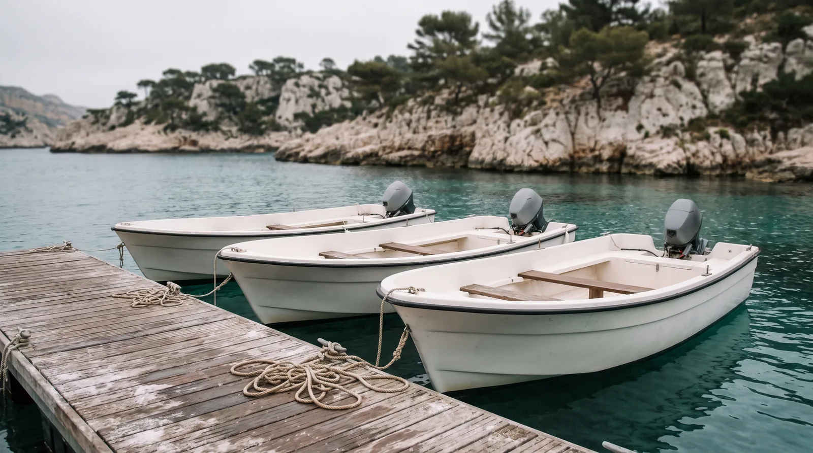 Tres lanchas blancas abiertas, con bancadas de madera y motor fueraborda gris, amarradas a un pantalán de madera gastada en una cala rocosa del Mediterráneo, con acantilados calizos y pinos al fondo bajo un cielo cubierto