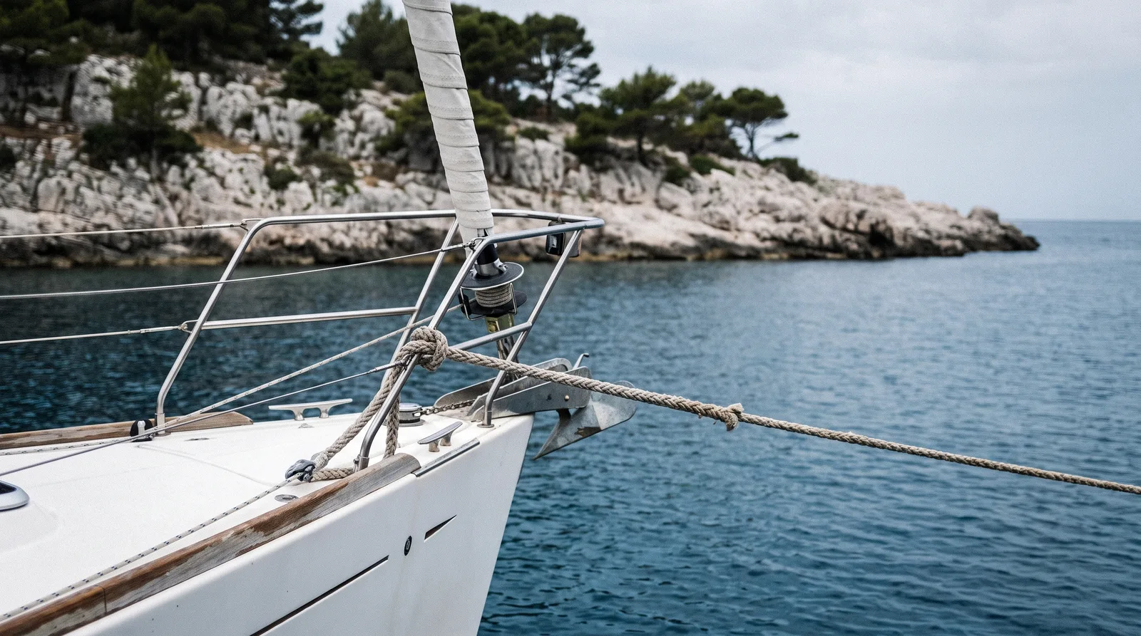 La proa blanca de un velero con el foque enrollado y un grueso cabo de remolque tenso que sale por el púlpito sobre el agua en calma, con una costa de roca caliza y pinos al fondo.