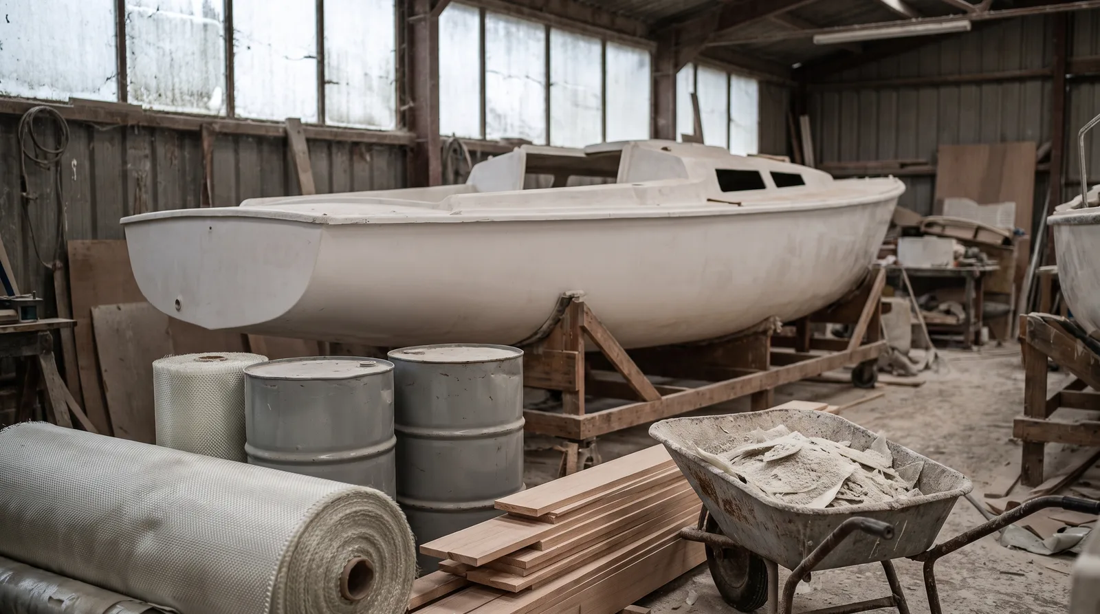 Casco blanco sin terminar de un velero de fibra de vidrio sobre una cuna de madera en una nave de construcción, con rollos de tejido de fibra, bidones grises, listones y una carretilla con restos de lijado en primer plano.