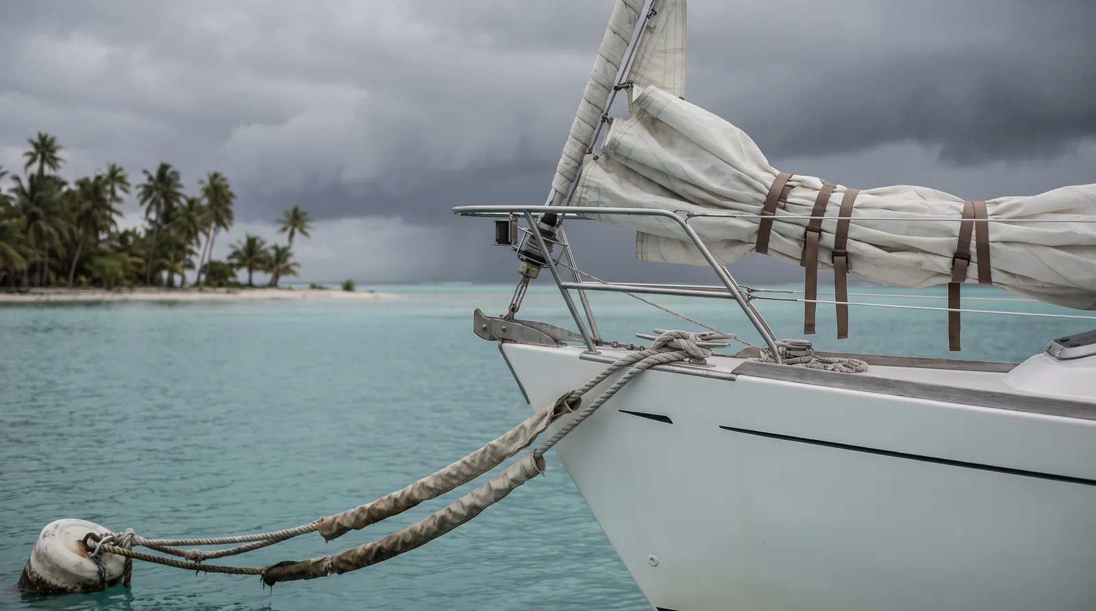 Proa de un velero de crucero blanco amarrado a una boya en una laguna turquesa, con el cabo doblado y protegido contra el roce, la mayor trincada con cinchas marrones y, detrás, un islote con palmeras bajo nubes de tormenta.