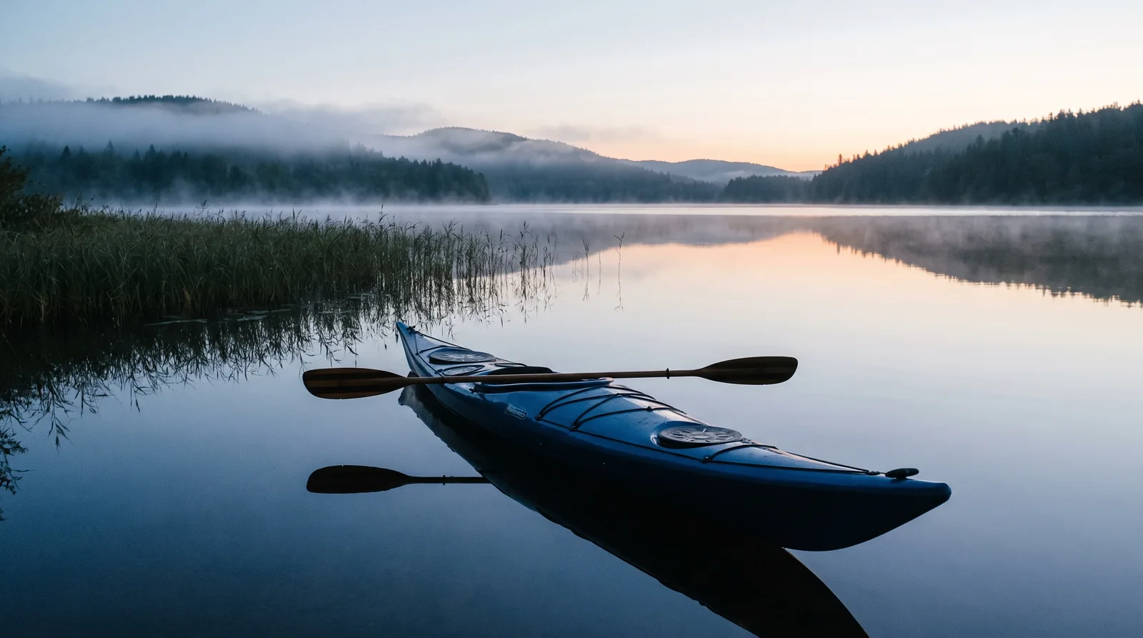 Kayak de travesía con pala doble en un lago en calma con niebla matinal