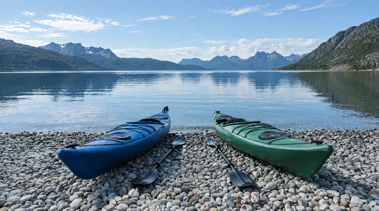 Dos kayaks de travesía en la orilla de guijarros de un fiordo al anochecer
