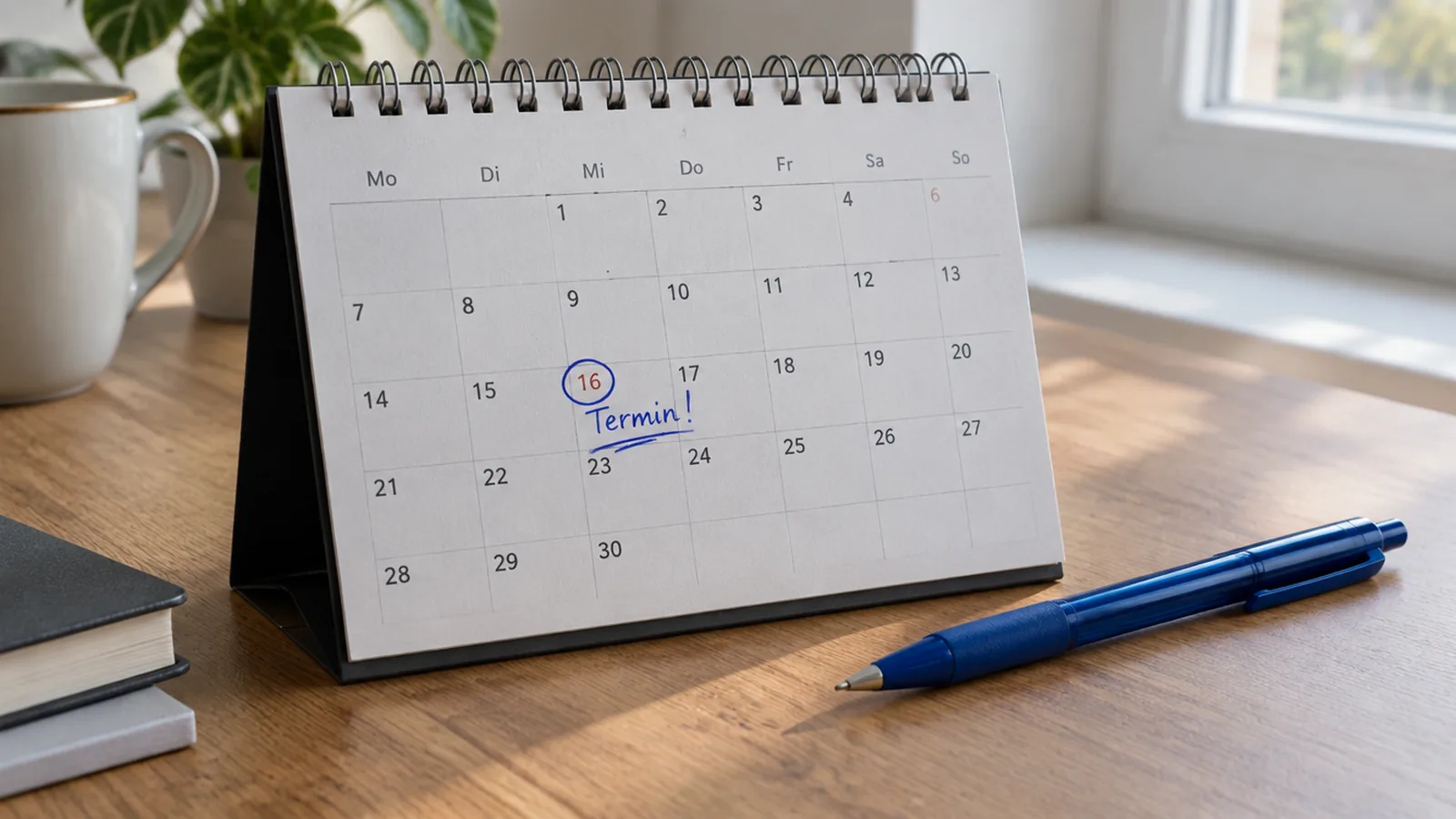 Un calendario de mesa con una fecha rodeada en azul y una nota manuscrita