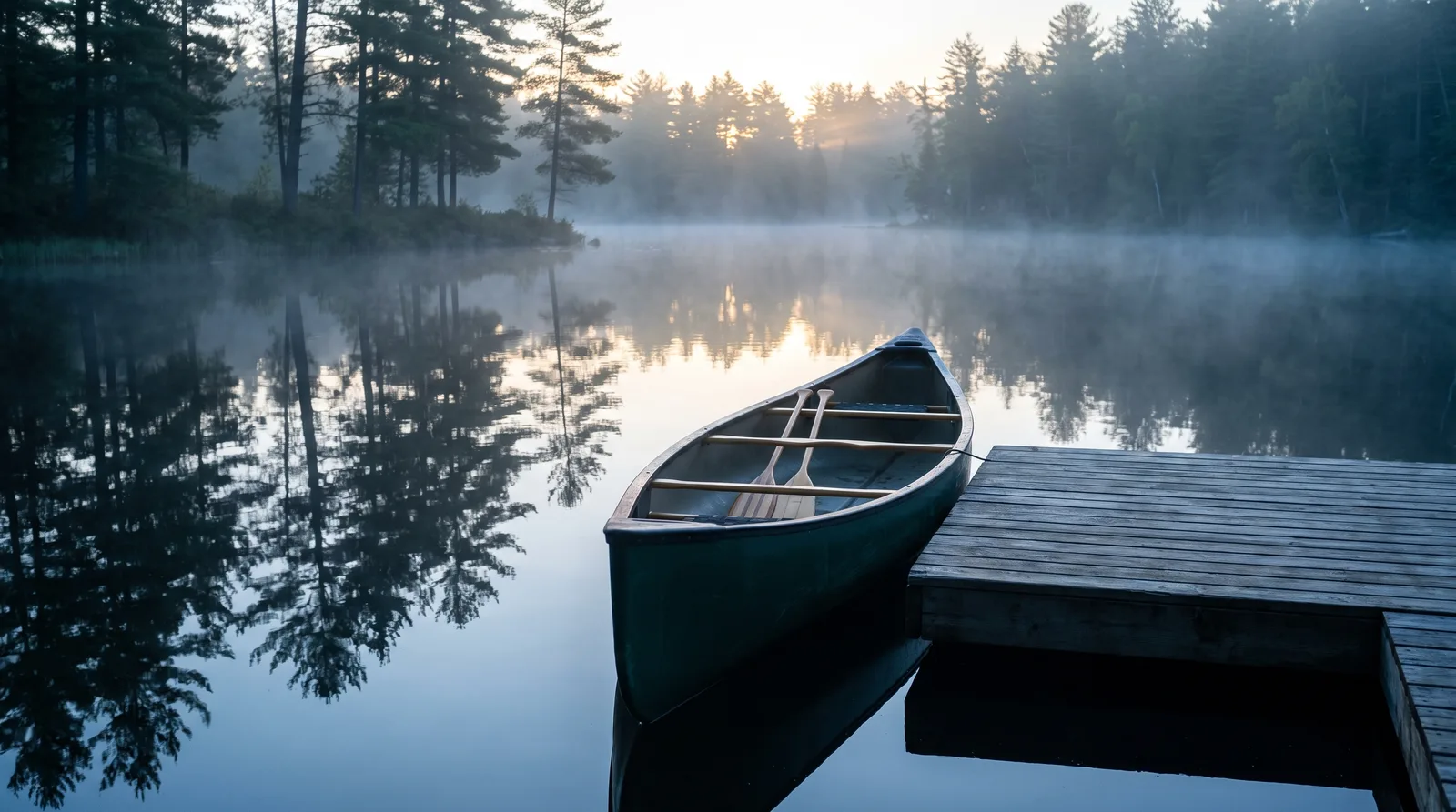 Canoa canadiense con palas de madera junto al muelle de un lago con niebla matinal