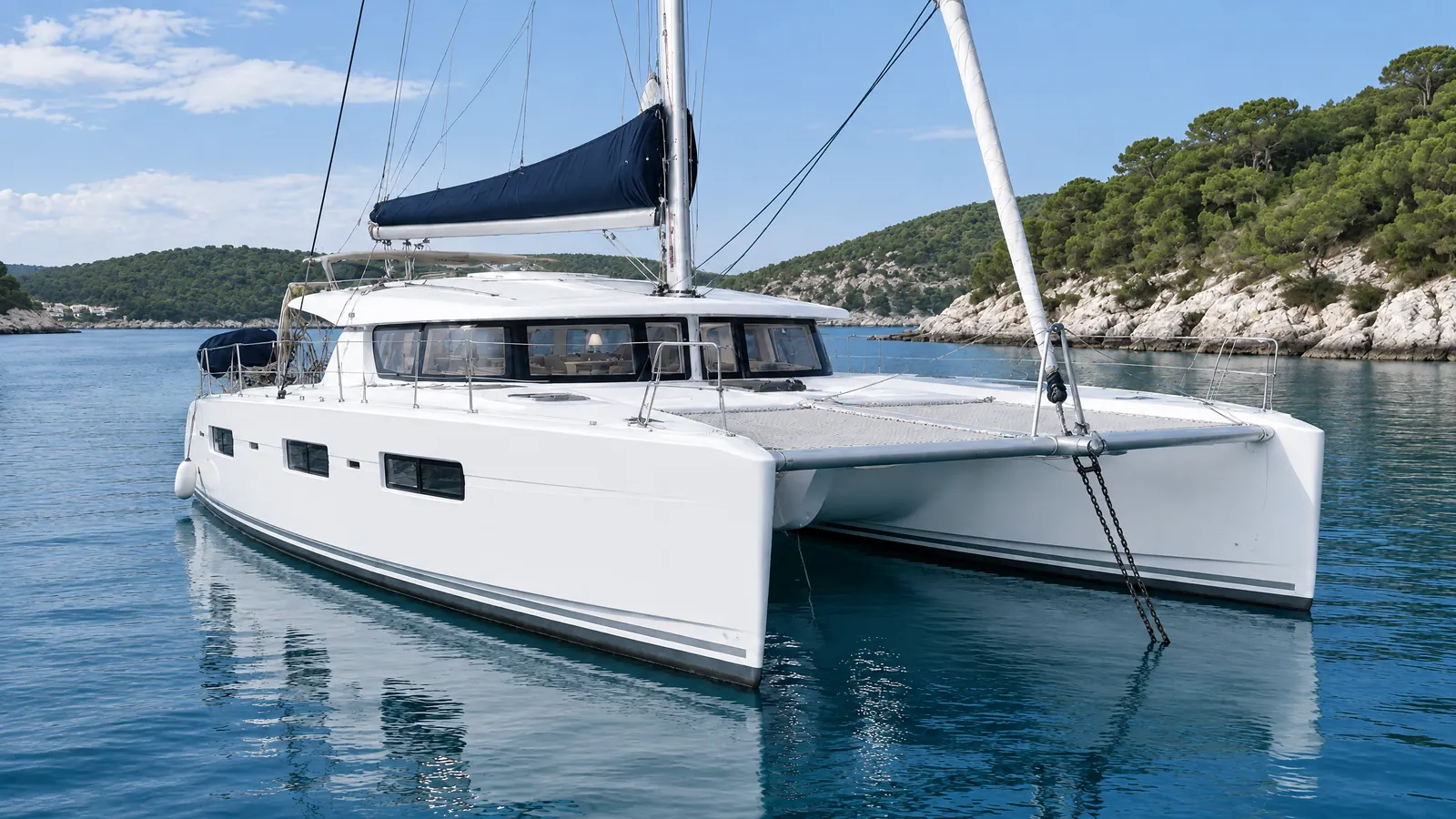 Catamarán de vela fondeado al atardecer, con el salón iluminado