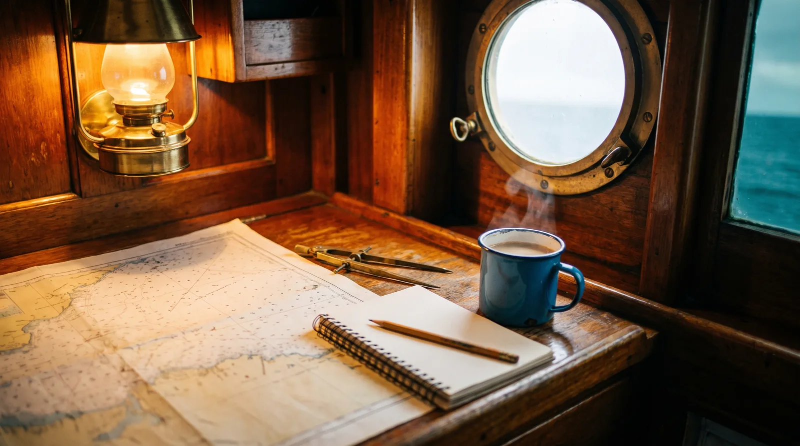 Una mesa de cartas bajo cubierta con una carta náutica, compás, cuaderno y una taza de café