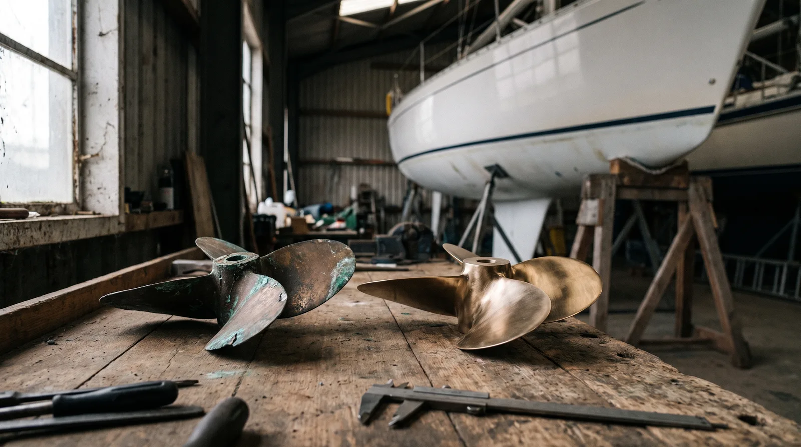 Dos hélices de bronce sobre un viejo banco de trabajo en una nave de varadero: a la izquierda una doblada con pátina verde, a la derecha una nueva y pulida, delante un calibre y detrás, desenfocado, un velero blanco sobre caballetes