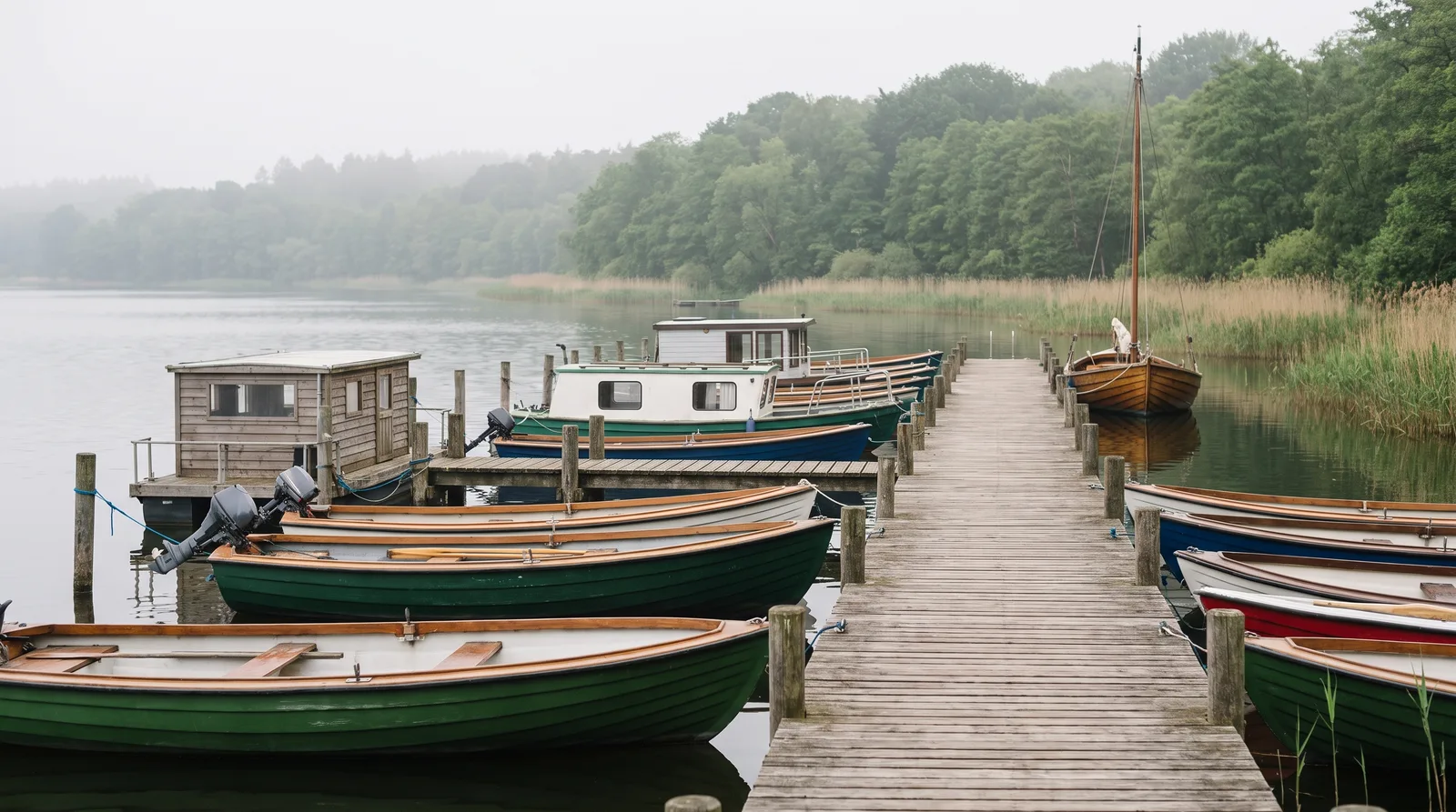 Un largo pantalán de madera en un lago con bruma, con una fila de barcos de alquiler amarrados y un único velero particular al final