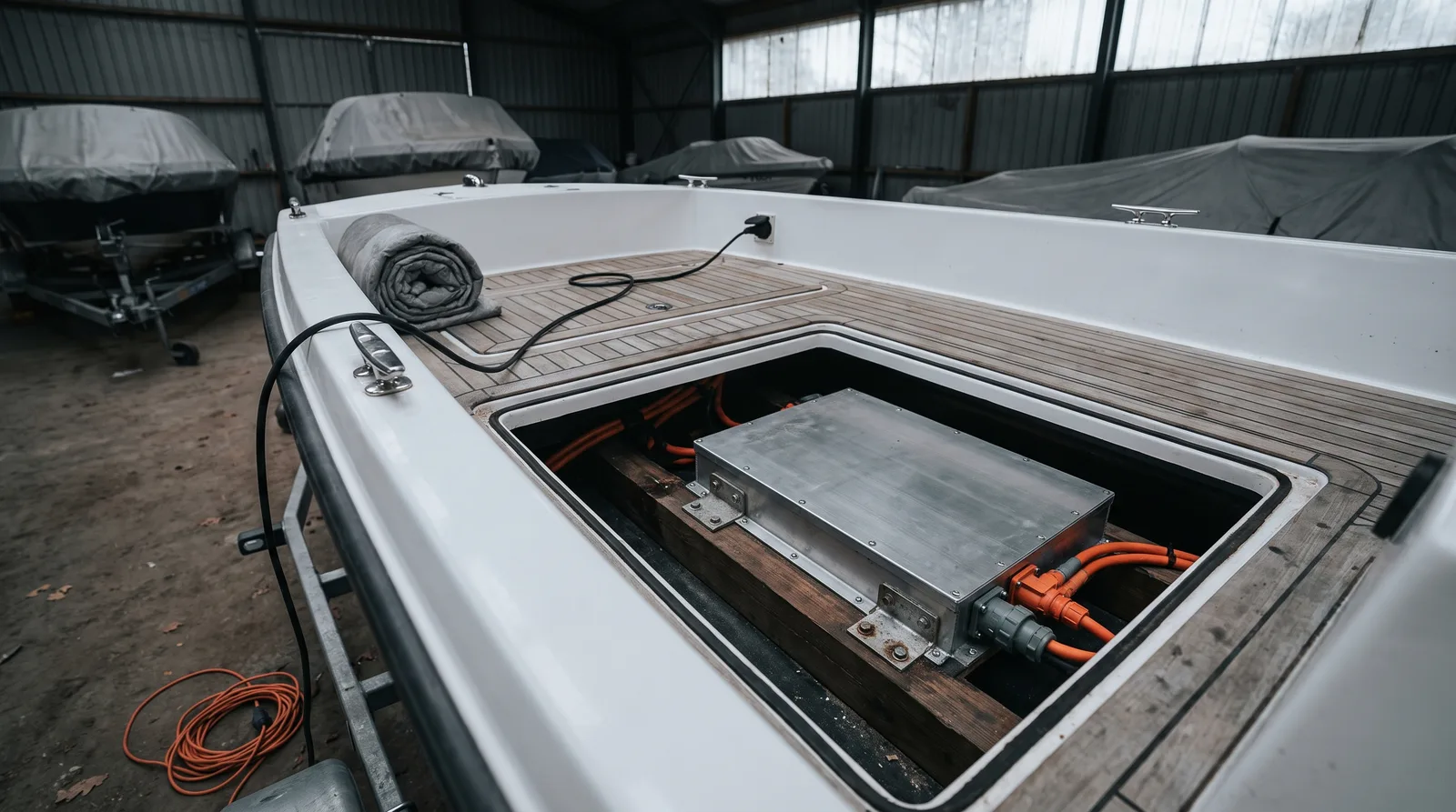 Vista de la tapa abierta del suelo de una embarcación eléctrica blanca sobre remolque en una nave de invernaje: una batería plana en caja de aluminio sobre vigas de madera con cables naranjas de alta tensión, un cable de carga negro que sale de un enchufe por la borda y embarcaciones tapadas al fondo
