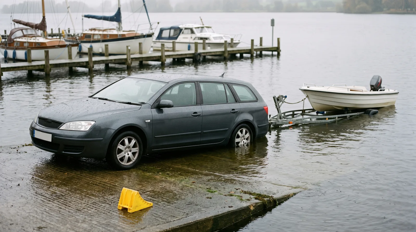 Rampa de botadura de hormigón mojada junto a un lago: un coche familiar gris oscuro tiene las ruedas traseras en el agua, detrás una pequeña lancha blanca flota sobre su remolque galvanizado, en la rampa hay un calzo amarillo sin usar y al fondo un pantalán de madera con veleros y una lancha