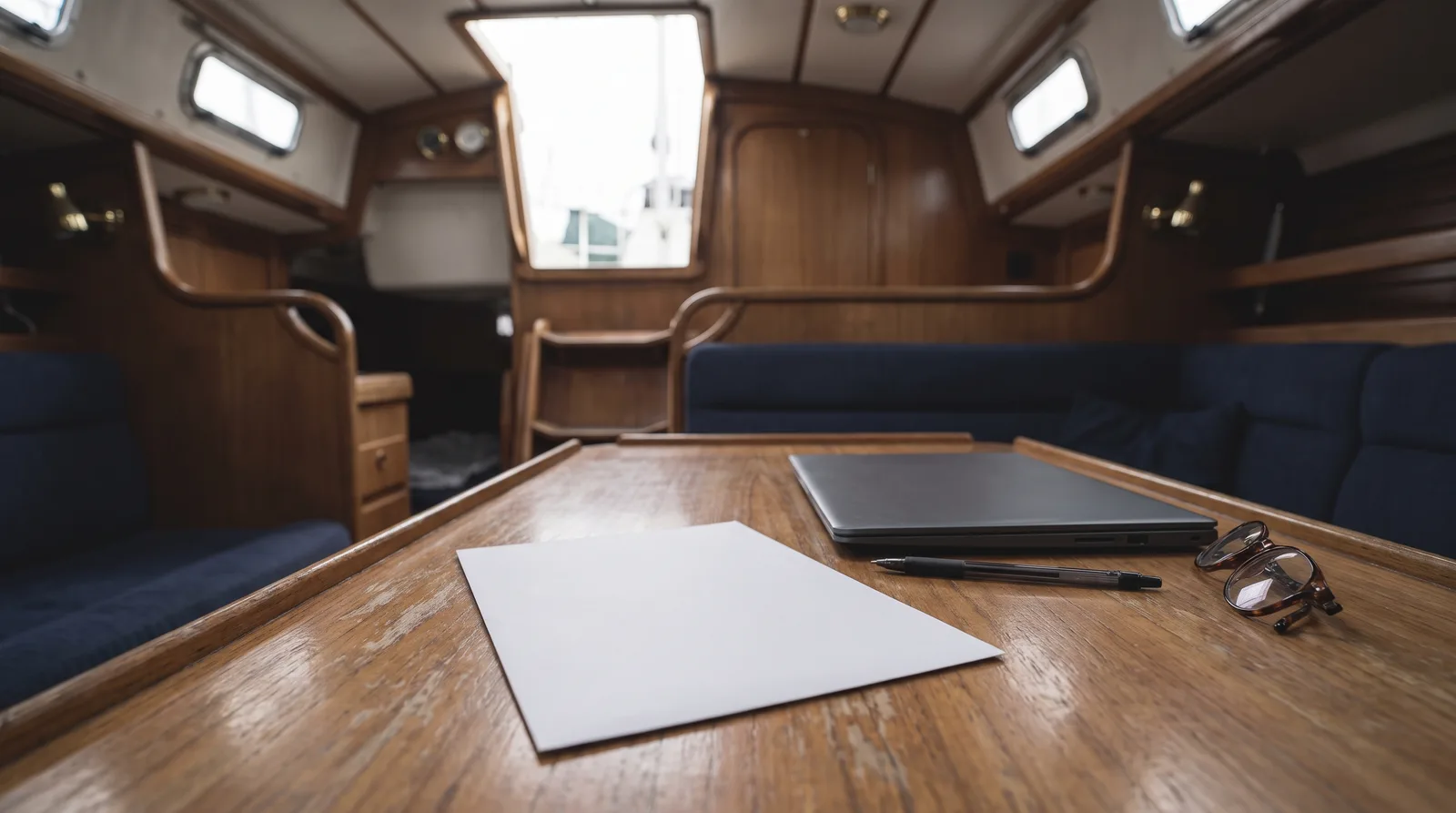 Salón de un velero cuidado en invernada: sobre la mesa de madera barnizada hay un sobre blanco sin rotular, un portátil cerrado, un bolígrafo y unas gafas de lectura, detrás cojines azul marino y la escalera de acceso abierta con luz de día