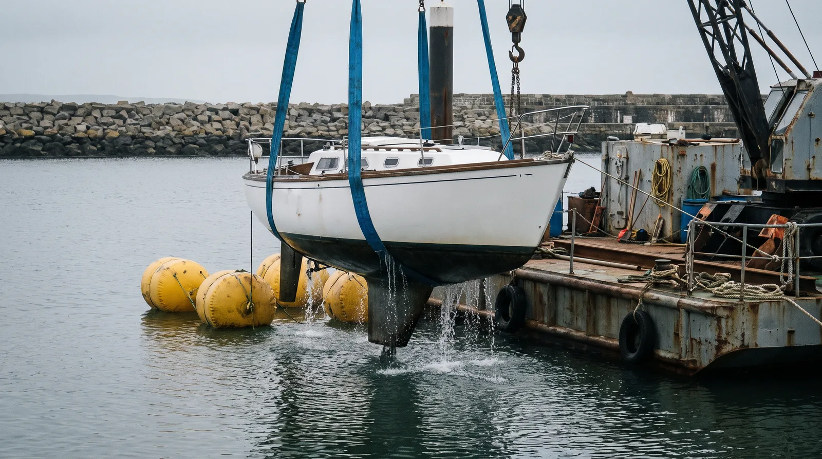 Un velero blanco sin mástil suspendido en dos eslingas azules sobre una dársena en calma, el agua cae de la quilla, al lado globos de elevación amarillos y un pontón grúa oxidado ante un espigón de piedra con cielo cubierto