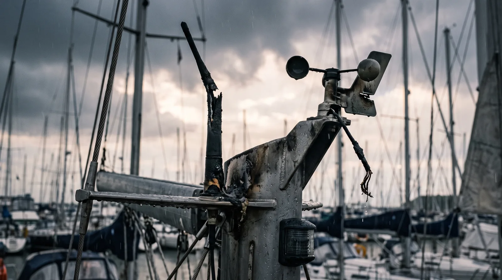 El tope del palo de un velero en un puerto tras una tormenta: una antena de VHF partida y ennegrecida, aluminio tiznado, un anemómetro y un cable quemado, con mástiles y nubes oscuras que se retiran al fondo