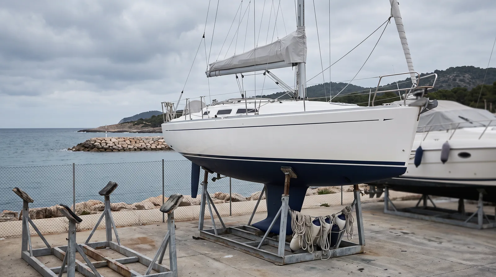 Velero blanco bien cuidado con obra viva azul oscuro sobre una cuna de acero en un varadero vallado del Mediterráneo, botavara bajo una funda gris, defensas y cabos en la cuna; detrás una valla metálica, un espigón, el mar gris y colinas de pinos, a la derecha un yate a motor tapado