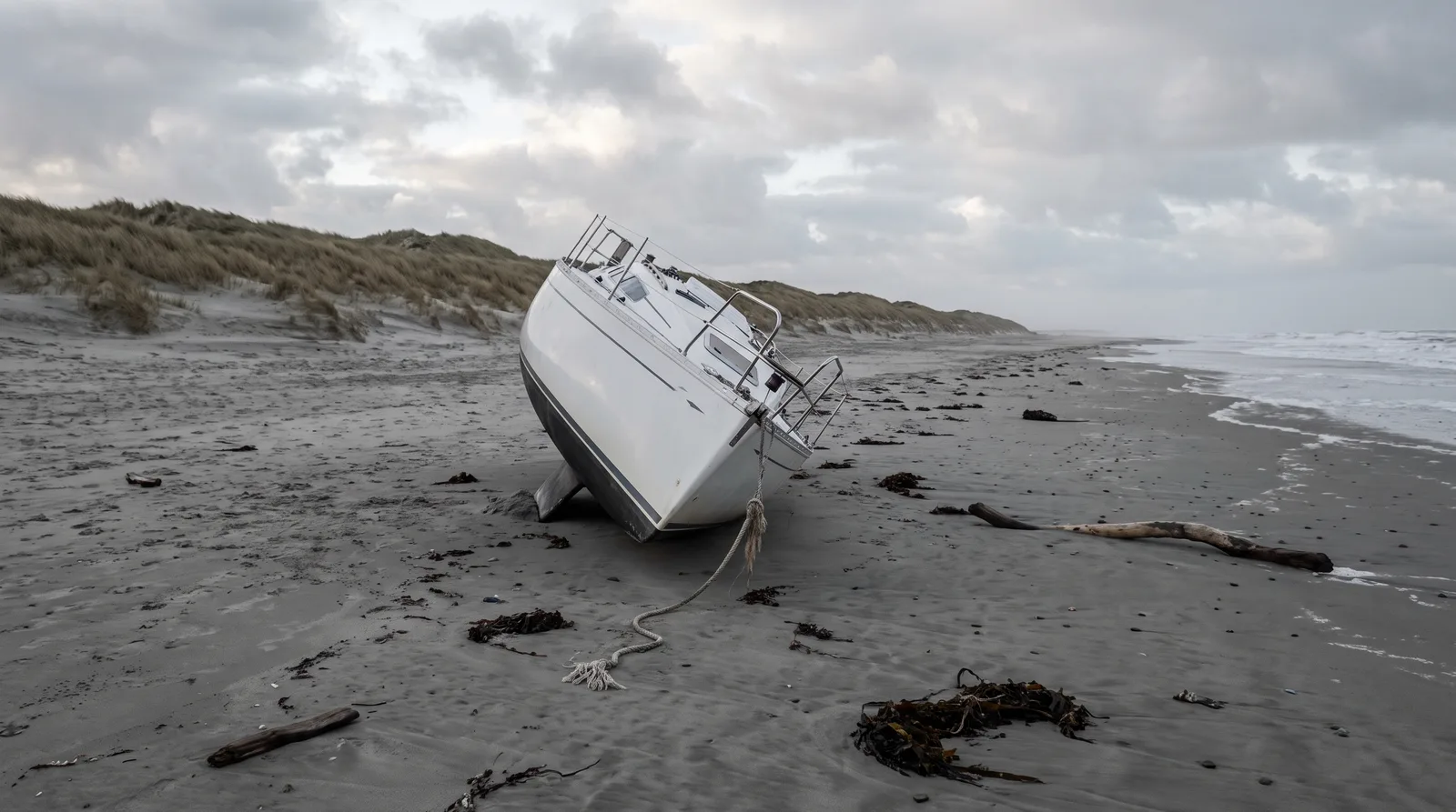 Una playa ancha con dunas tras un temporal: un velero blanco yace varado y muy escorado sobre la arena mojada, de la proa cuelga una amarra rota, alrededor hay algas y troncos, y a la derecha se retira el oleaje gris bajo un cielo nublado