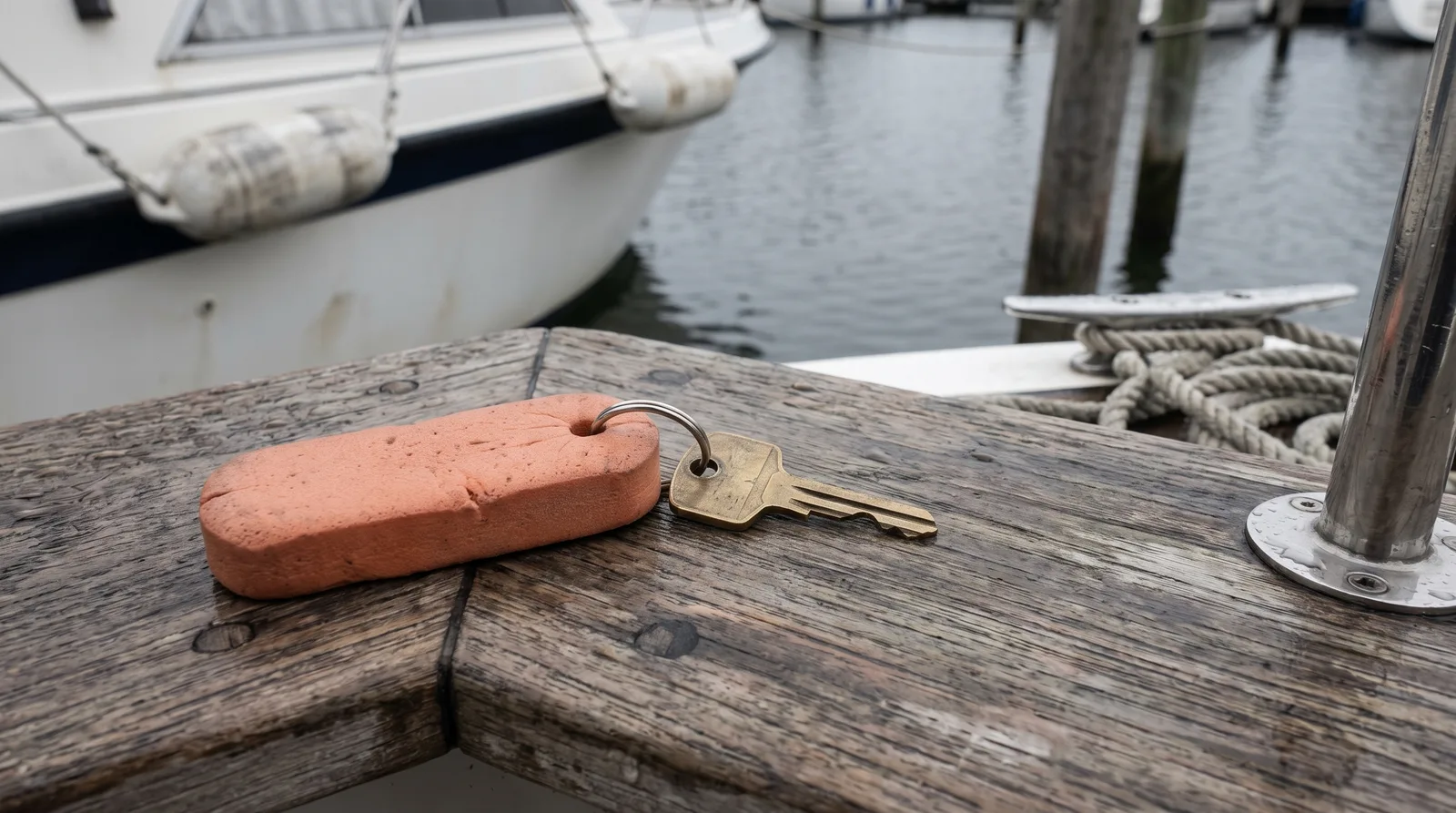 Una única llave de barco con un llavero flotante naranja sobre la teca envejecida de la bañera de una lancha, al fondo desenfocados un casco blanco con defensas, una cornamusa con un cabo adujado y el agua gris del puerto
