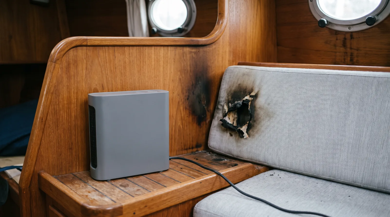 Salón de un velero en otoño: un calefactor gris sobre el estante de teca y a su lado un cojín con un agujero carbonizado y hollín en la madera, con luz que entra por dos portillos