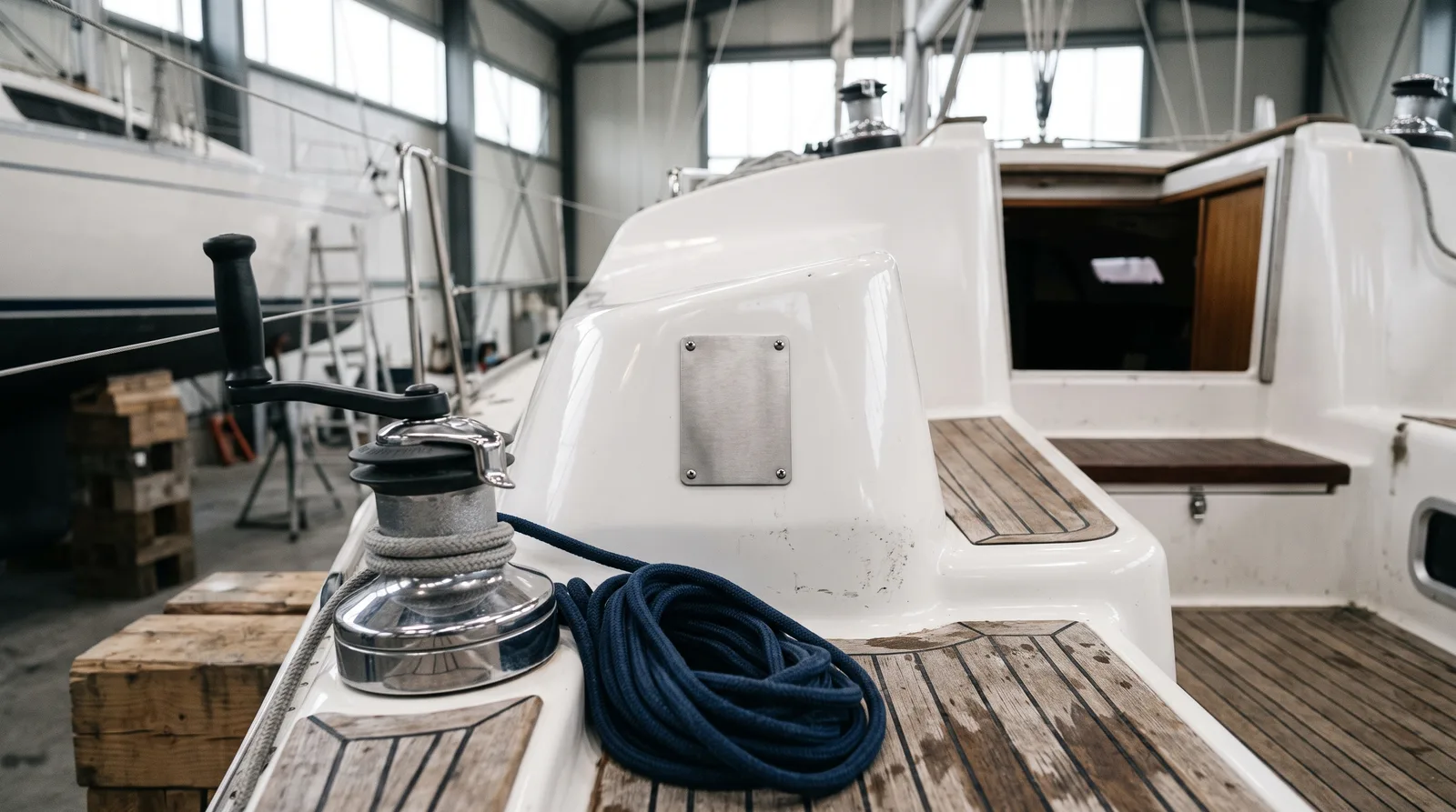 Bañera de un velero cuidado en una nave de astillero luminosa: un winche con un cabo azul adujado delante y una placa de acero sin grabar junto a la entrada