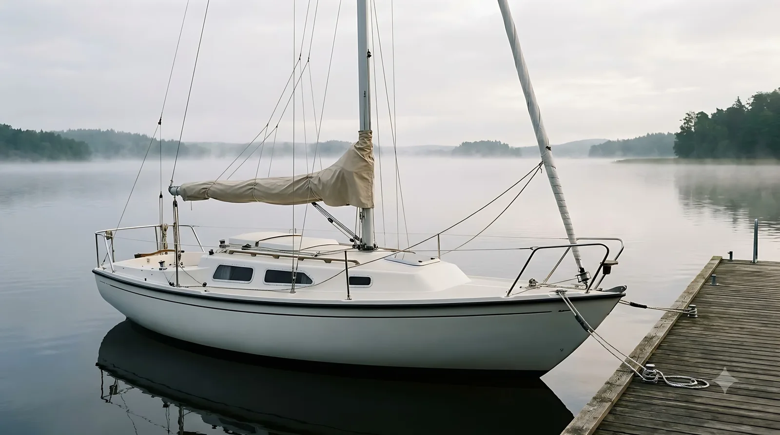 Un pequeño velero con cabina, bien cuidado, amarrado a un pantalán de madera en un lago con luz tranquila de mañana.