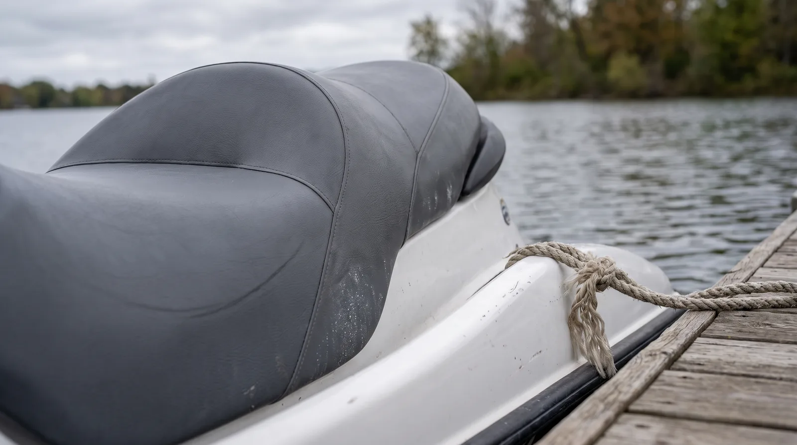 Primer plano del asiento y el casco de una moto de agua moderna junto a un pantalán de madera, agua tranquila al fondo.