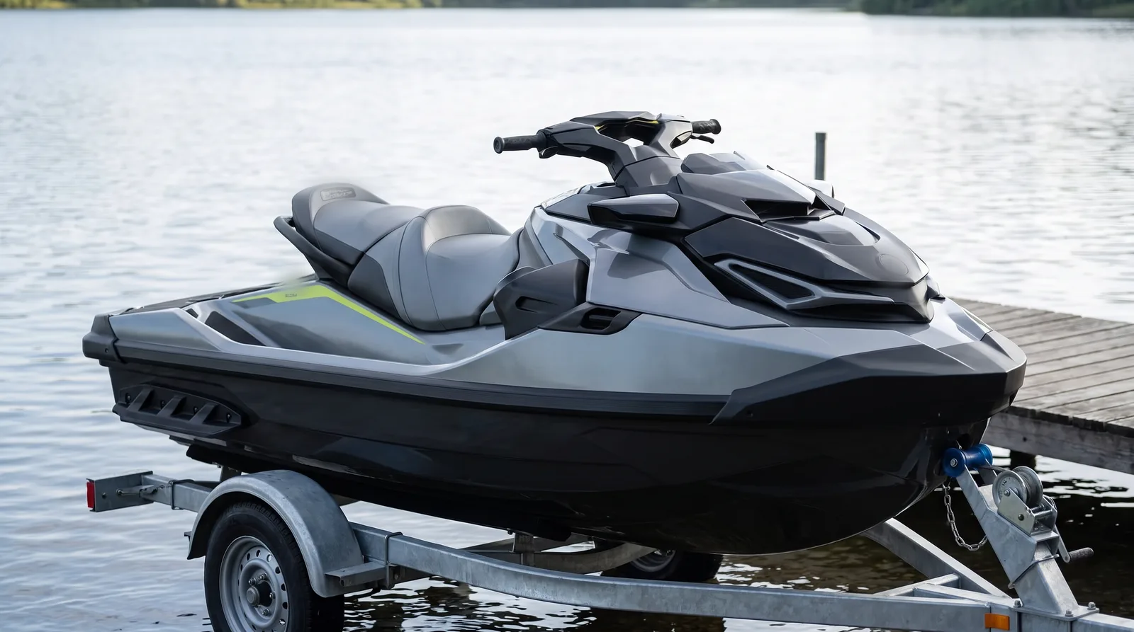 Una moto de agua blanca y moderna sobre un remolque galvanizado junto al pantalán de madera de un lago tranquilo, luz de día nublado.
