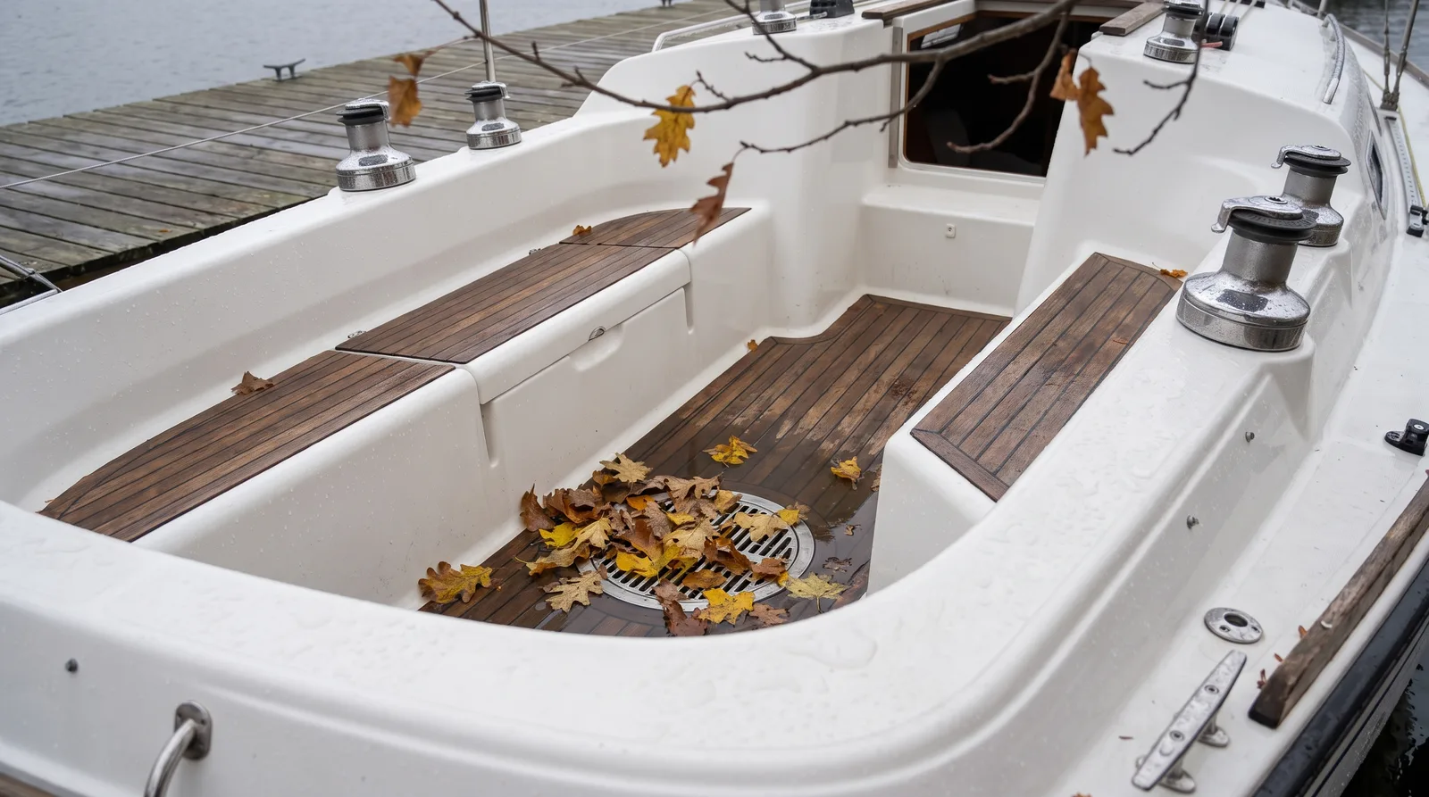 Bañera abierta de un velero blanco amarrado a un pantalán de madera en otoño: el desagüe redondo del suelo está cubierto de hojas mojadas amarillas y marrones, la teca y los winches brillan por la lluvia, arriba cuelga una rama casi desnuda