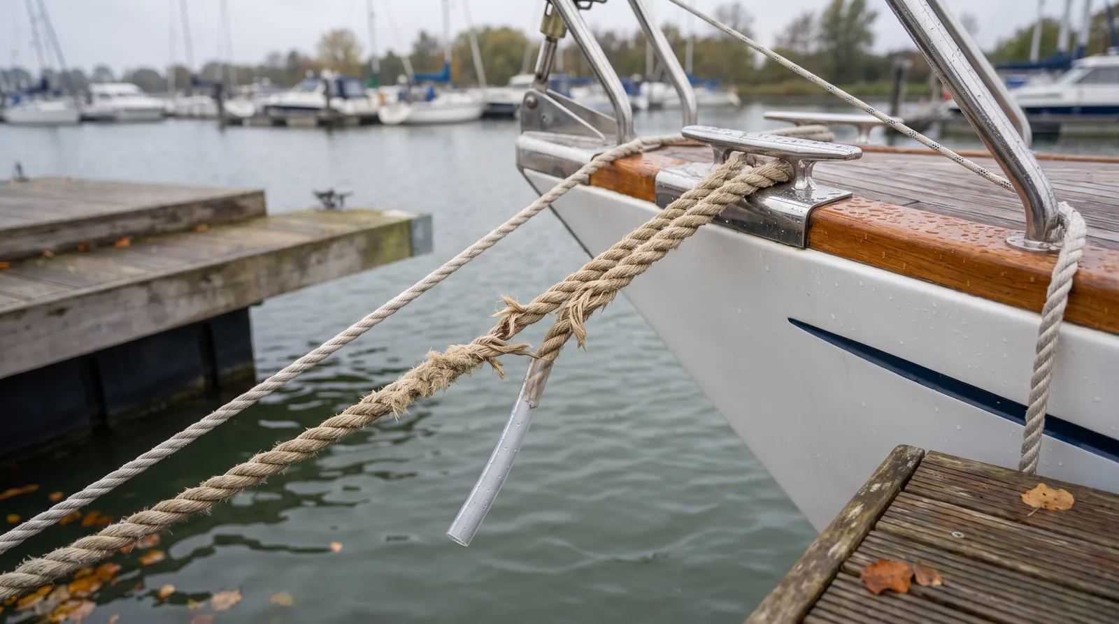 Proa de un velero blanco junto a un pantalán de madera en otoño: una amarra gruesa pasa por una cornamusa de acero inoxidable y está muy desgastada en un punto, un tubo transparente de protección se ha deslizado y cuelga suelto, al lado una segunda amarra intacta y al fondo, desenfocado, un puerto con barcos